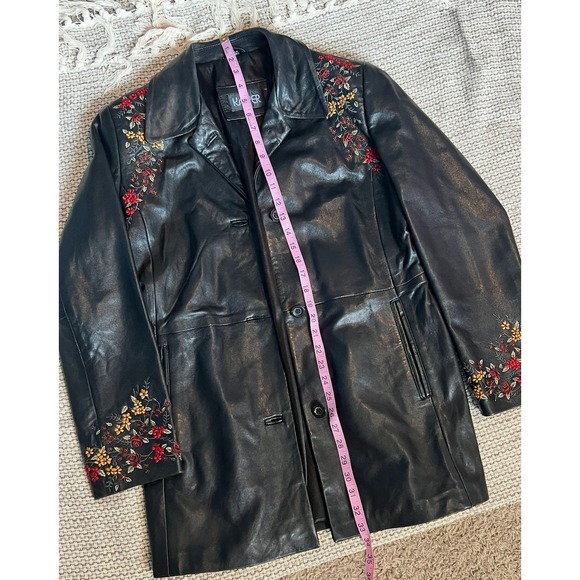 Y2K Vtg Womens Large Black Real Leather Jacket Embroidered Floral Biker Boho - Picture 7 of 10